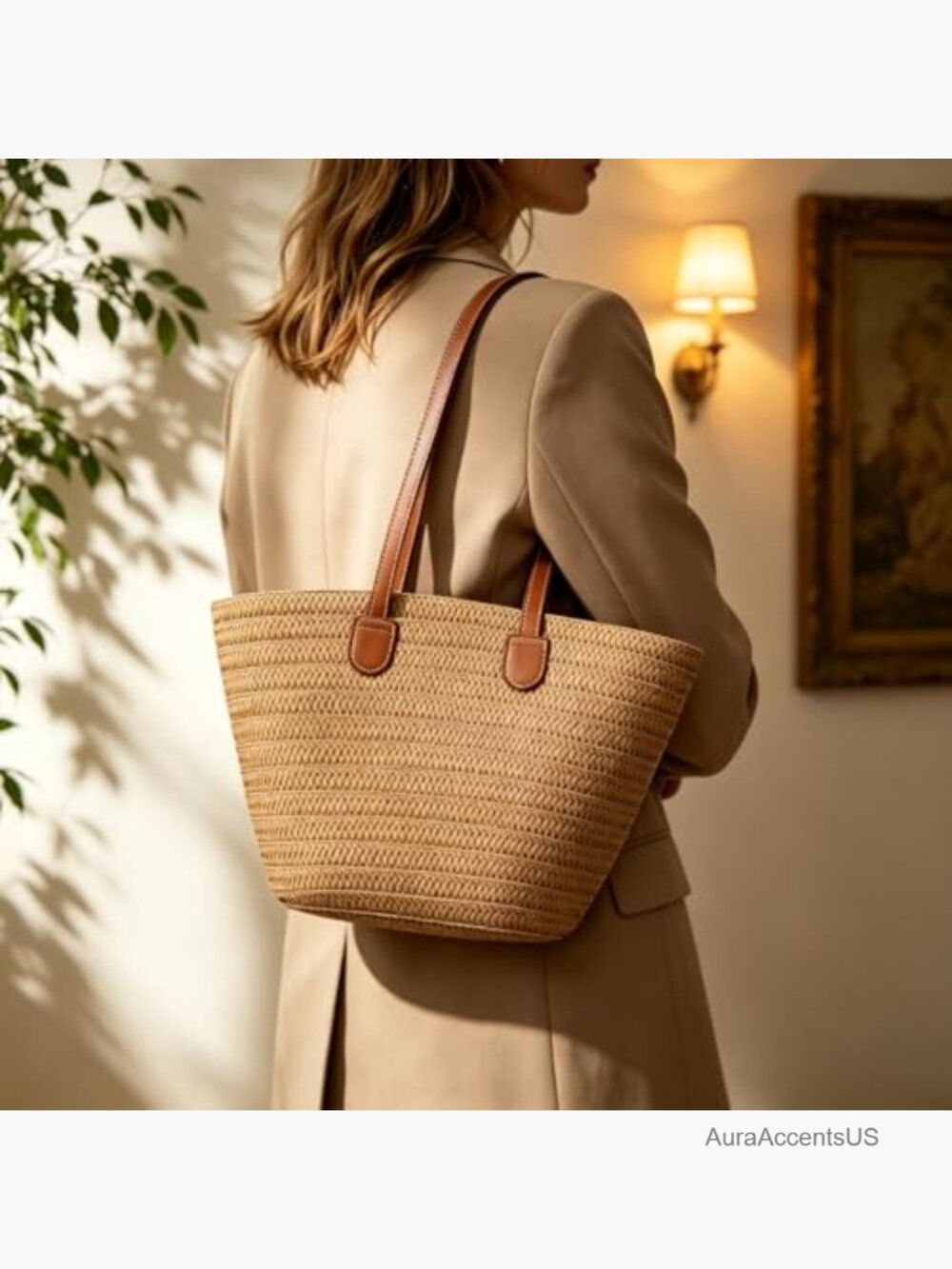 Large Woven Straw Beach Tote, Zippered with Leather Straps, Summer Handbag - Picture 2 of 7